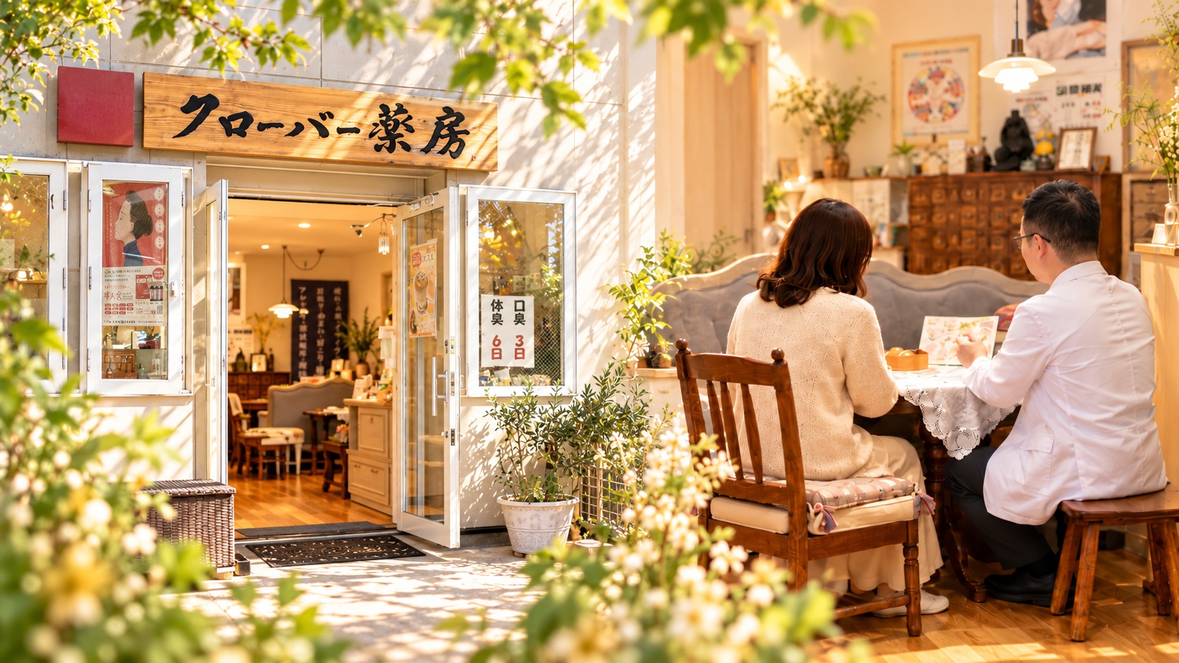クローバー薬房の店舗と漢方相談の様子
